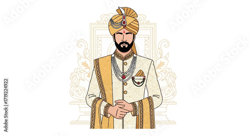 Illustration of an Indian groom in traditional attire, adorned with a turban, sherwani, and jewelry, representing Indian wedding culture and heritage
