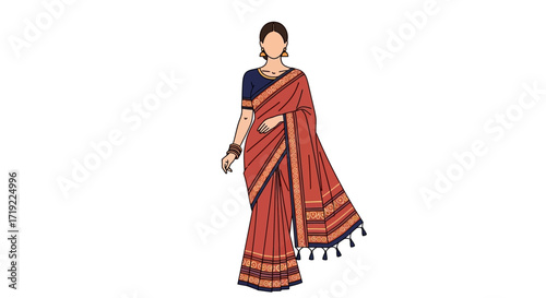 Elegant depiction of a woman adorned in a traditional Indian sari, showcasing cultural attire with vibrant colors and intricate patterns, perfect for fashion and design projects