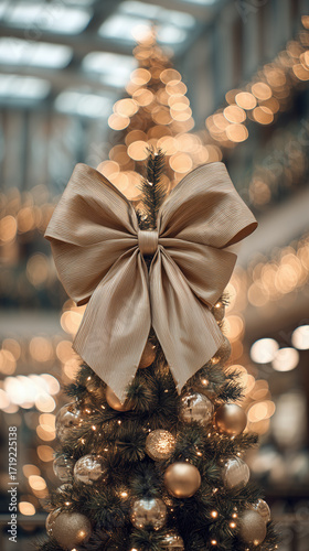 Elegant Gold Bow on Christmas Tree with Festive Lights in Background