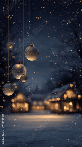 Golden Christmas Ornaments in a Snowy Winter Night with Cozy Holiday Lights