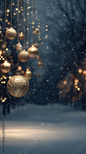 Golden Christmas Ornaments Hanging in Snowy Winter Night