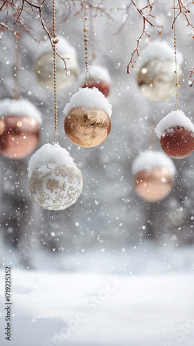 Golden and White Christmas Ornaments Covered in Snow Hanging from Tree Branches in Winter Wonderland