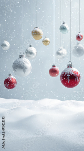 Snow Covered Christmas Ornaments Hanging in Winter Wonderland