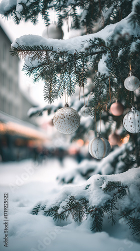 Snow Covered Christmas Tree Branch with Elegant Ornaments at Festive Winter Market