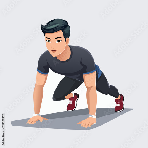 Dynamic Young Man Engages in a High-Intensity Mountain Climber Exercise on a Yoga Mat, Promoting Fitness and an Active, Healthy Lifestyle