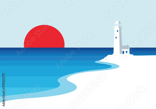 A picturesque lighthouse stands tall on a rocky shore, with a vibrant sunset painting the sky, as waves gently roll onto the sandy beach, creating a serene coastal landscape