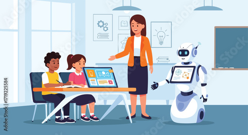 Teacher and Robot Assisting Children with Technology in a Classroom