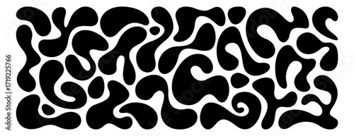 Vector set of black irregular blobs, random liquid organic drop shapes. Amorphous splodges, asymmetric spots, fluid uneven elements or simple amoeba figures. Abstract smooth forms on white background