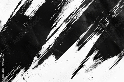 Abstract monochrome artwork featuring dynamic, diagonal brushstrokes in black ink on a white background, creating a textured and expressive composition