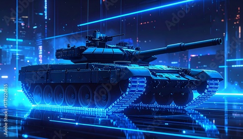 Futuristic tank in a digital city