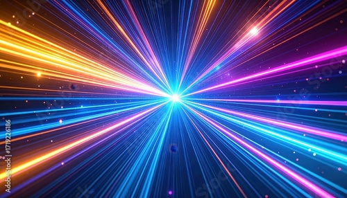Sfondo Tunnel Iperspazio Neon, Strisce Luminose Blu-Viola e Blu-Arancione, Effetto Warp Speed, Design Sci-Fi Futuristico Dinamico.

