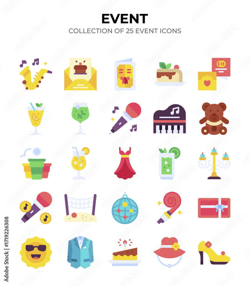 Obraz premium Collection of 25 Event Icons. Vibrant Flat Design for Party and Celebration