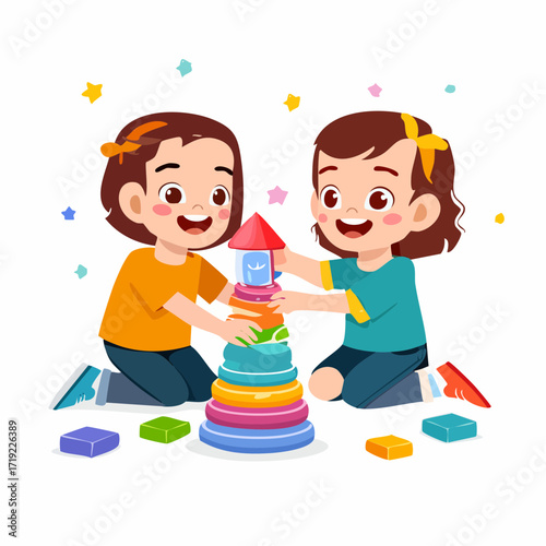 Two young cheerful girls happily playing with a colorful stacking toy pyramid indoors, symbolizing childhood fun and learning