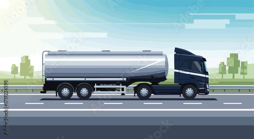 Black Semi-Truck with a Chrome Tank Trailer on a Highway