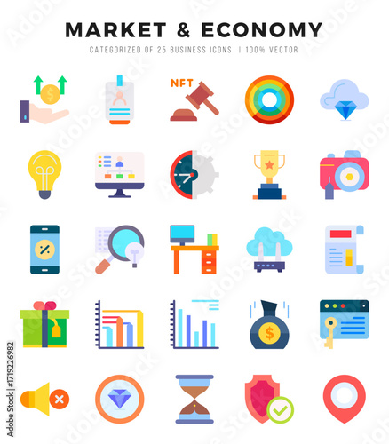 Market & Economy Flat icons collection. 25 icon set in a Flat design.