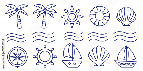 Hand drawn nautical and tropical beach themed icons