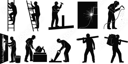 Silhouette Construction Workers Using Tools Like Hammers, Saws, Welders, and Buckets in Building, Repair, and Industrial Job Sites