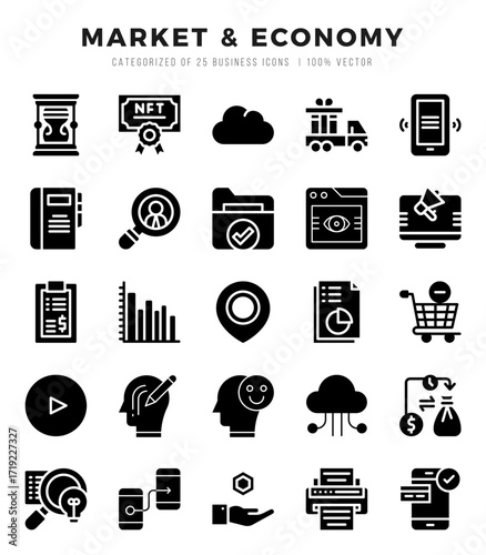 Set of Glyph Market & Economy Icons. Glyph art icon. Vector illustration
