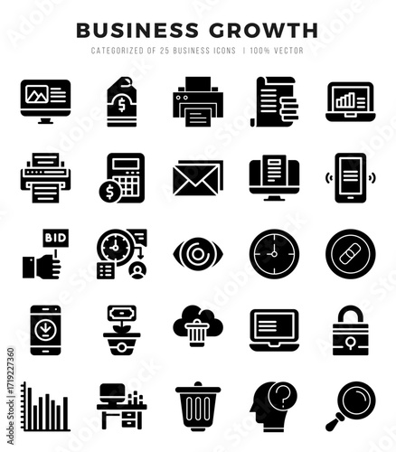 Business Growth Icons Pack. Glyph icons set. Glyph icon collection set.