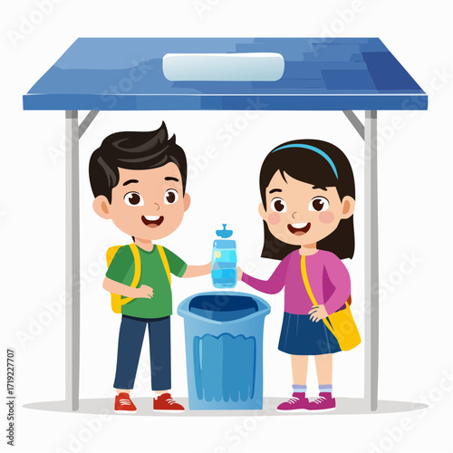 Young students enthusiastically engage in environmental protection, responsibly recycling plastic bottles at a designated collection point, promoting sustainable living practices