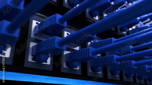 Blockchain technology concept. VPN. DPI. Deep Packet Inspection. Internet blocking. Bypassing internet blocking. Close-up of a modern internet switch with connected Ethernet cables.