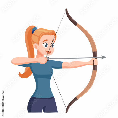 Vibrant cartoon illustration of a focused young woman archer with a ponytail, expertly drawing her bowstring and aiming an arrow, showcasing precision and sport