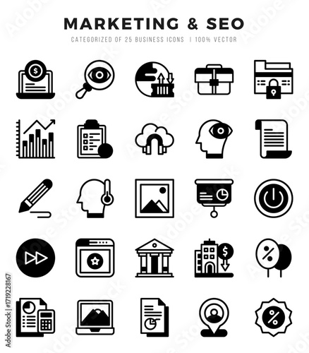 Set of 25 Marketing & SEO Lineal Filled Icons Pack.