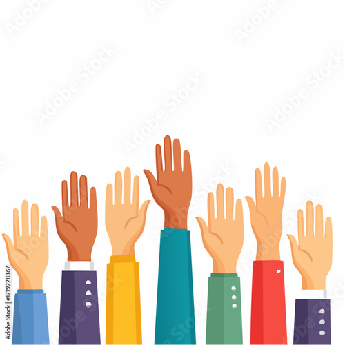 A conceptual illustration of multiple diverse raised hands, symbolizing active participation, community engagement, and collective decision-making, representing unity and the power of individual 