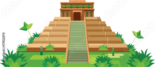 Detailed vector illustration of a Maya pyramid nestled in a vibrant jungle setting.