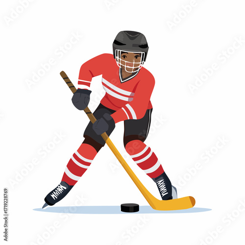 Hockey Player in Action A Cartoon Illustration of a Woman Dribbling the Puck on Ice