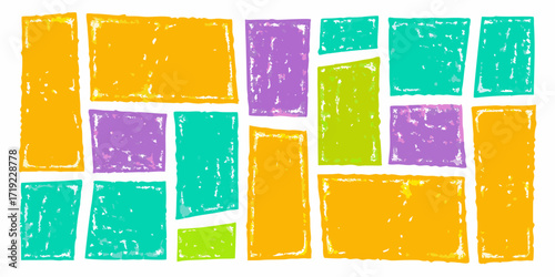 Abstract colorful rectangles and squares with a crayon texture on a white background