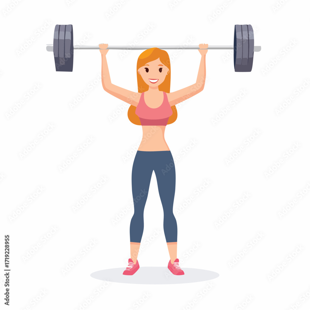 Obraz premium Empowered young woman confidently lifts heavy barbell overhead, showcasing strength, dedication, and a commitment to a healthy and active fitness lifestyle through focused training