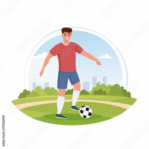 Active young man playing soccer on a sunny day in a grassy park with a city skyline in the background, enjoying a recreational sport