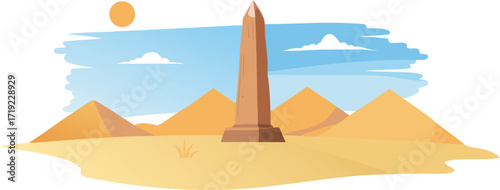 Artistic vector depiction of an Egyptian obelisk rising in the desert, showcasing its grandeur against a barren backdrop.