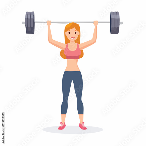 Empowered young woman confidently lifts heavy barbell overhead, showcasing strength, dedication, and a commitment to a healthy and active fitness lifestyle through focused training