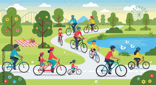 Families and Couples Biking on a Scenic Park Trail