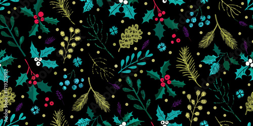 Festive christmas pattern with holly berries pine needles and pine cones on black background