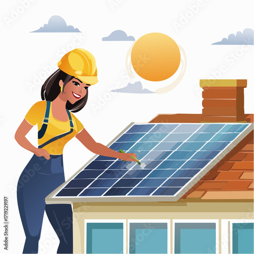 Woman in hard hat cleans solar panels on rooftop with brush and sun shining above
