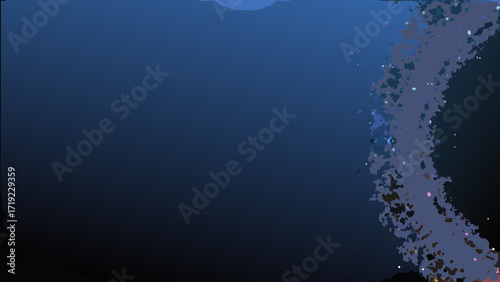 Abstract deep blue background with a textured swirling pattern of colorful particles on the right side