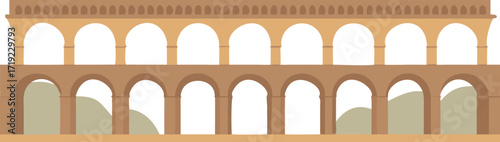 Artistic vector depiction of an ancient Roman aqueduct, emphasizing its structure and classic engineering features.