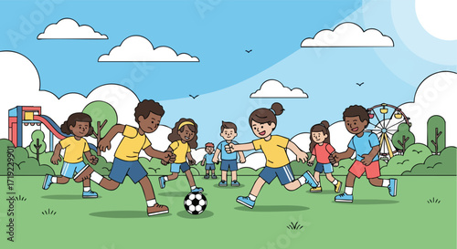 Children Playing Soccer in a Park