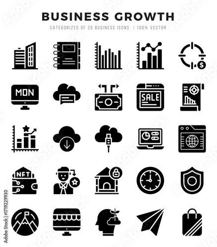 Set of Business Growth icons in Glyph style. Glyph Icons symbol collection.