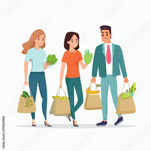 Cheerful diverse group of people engaging in healthy grocery shopping, carrying reusable bags filled with fresh organic produce, embodying a positive and sustainable lifestyle choice