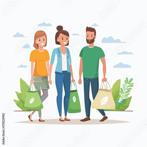 Eco-Conscious Friends Shopping with Reusable Bags in a Nature Scene