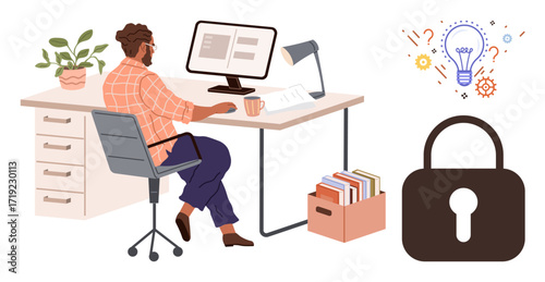 Person working at desk with computer, coffee, and office supplies security padlock and innovation light bulb nearby. Ideal for workplace productivity, cybersecurity, creativity, innovation, remote