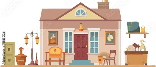 A detailed illustration of a house showcasing furniture and household items in a cozy, lived-in setting.