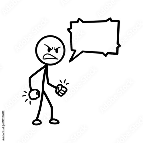 Cartoon vector illustration of stickman angrily shaking fist with speech bubble