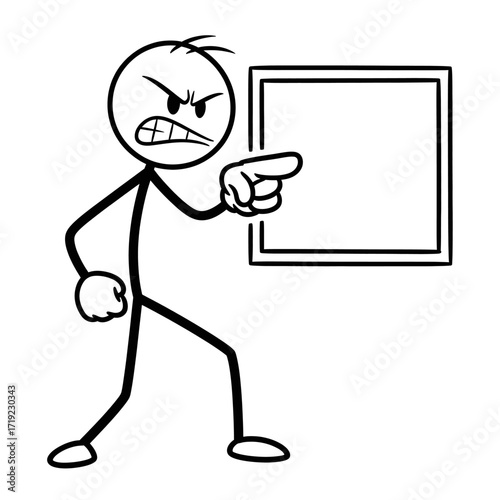 Vector stickman character pointing at blank board, presentation style