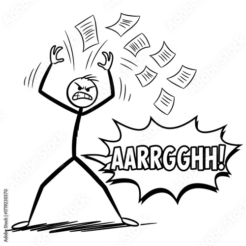 Cartoon stickman character throwing papers in anger, vector line art style