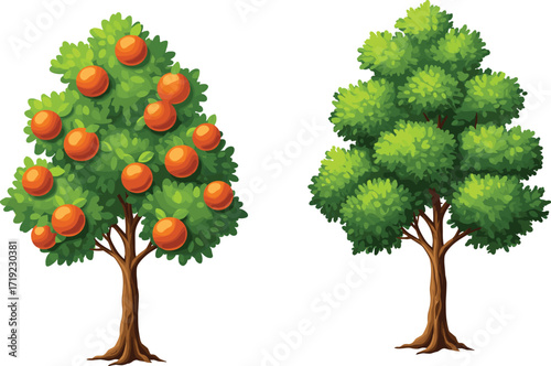 Cartoon vector of fruit tree and leafy tree side by side with green foliage for nature, botany, and educational design.